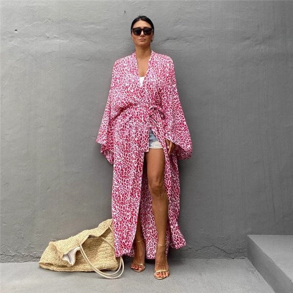 Leopard print polka dot print floor-length thin trench coat belt coat - Picture 2 of 3